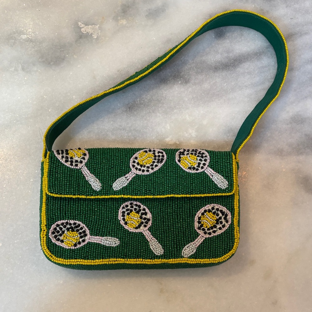 Anthropologie Green Beaded Shoulder Bag with Yellow Trim